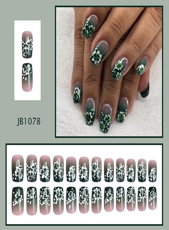 OSTTMA 24Pcs St. Patrick's Day Press on Nails White Shamrock Fake Nails French Tip False Nail with Clover Design Gradient Green Glue on Nails Medium Length Stick on Nail for Women DIY Irish Holiday Manicure - Image 2